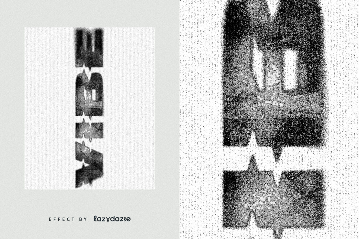 Vertical glitchy text with pixelated distortion on split screen layout