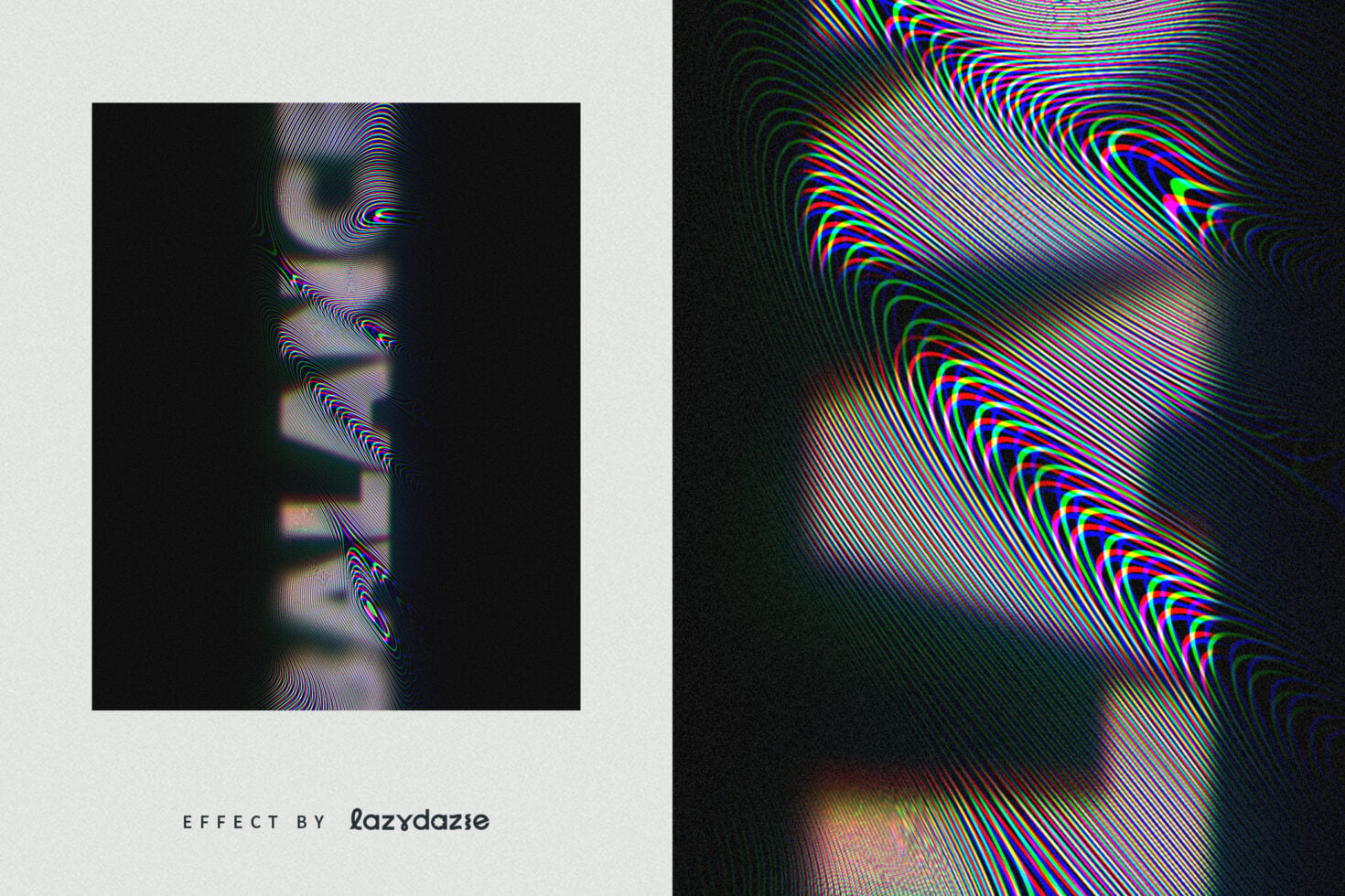Split layout showing wavy distorted portrait left with colorful line pattern right