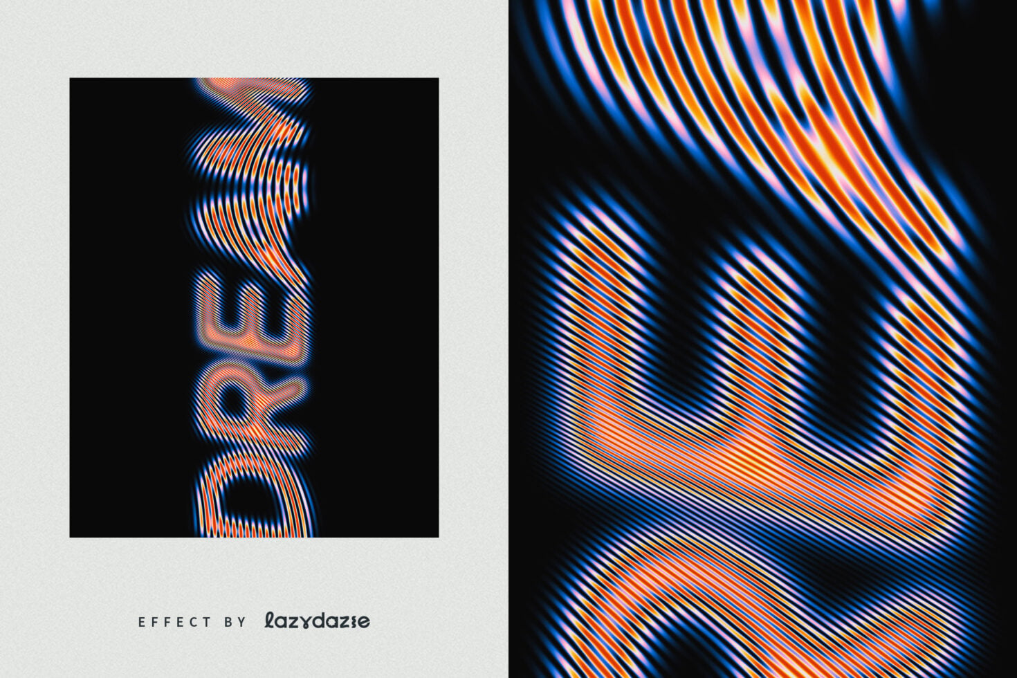 Liquid text with orange blue striped wave pattern effect on black background