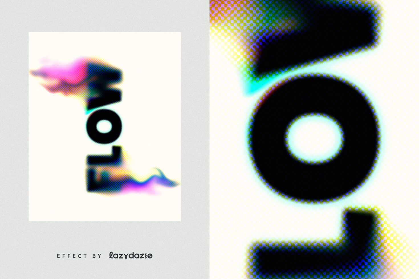 FLOW text with vibrant pixelated chromatic aberration blurred effect