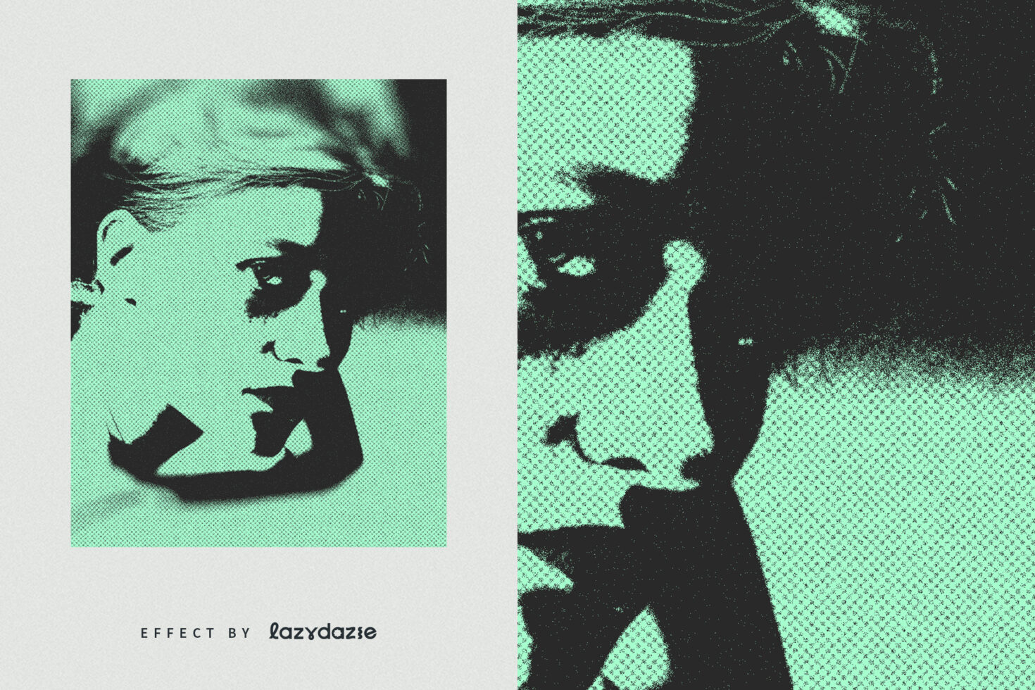 Neon mint halftone effect splitting portrait into two pixelated sections