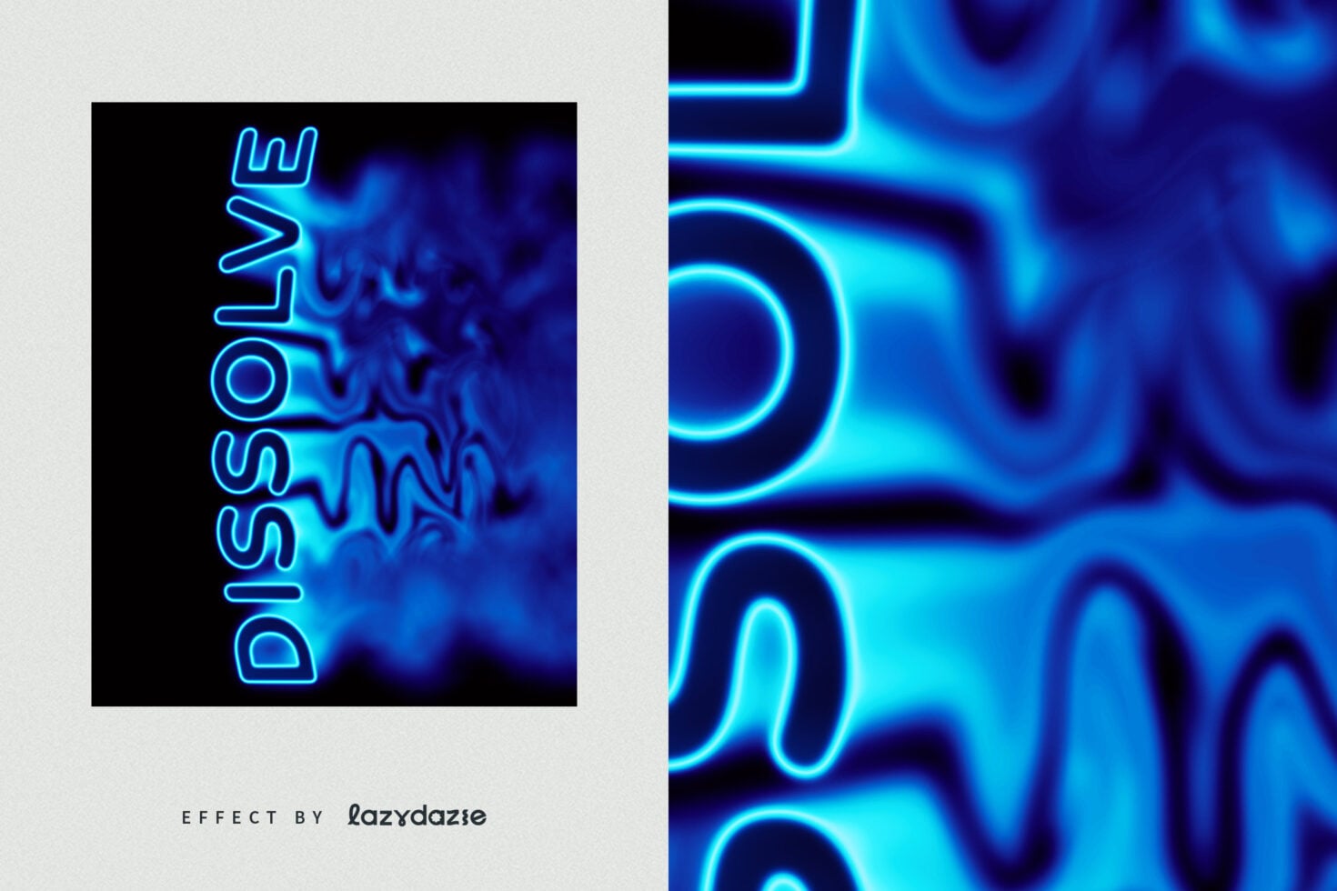Cyan neon DISSOLVE vertical text with blue liquid distortion close up