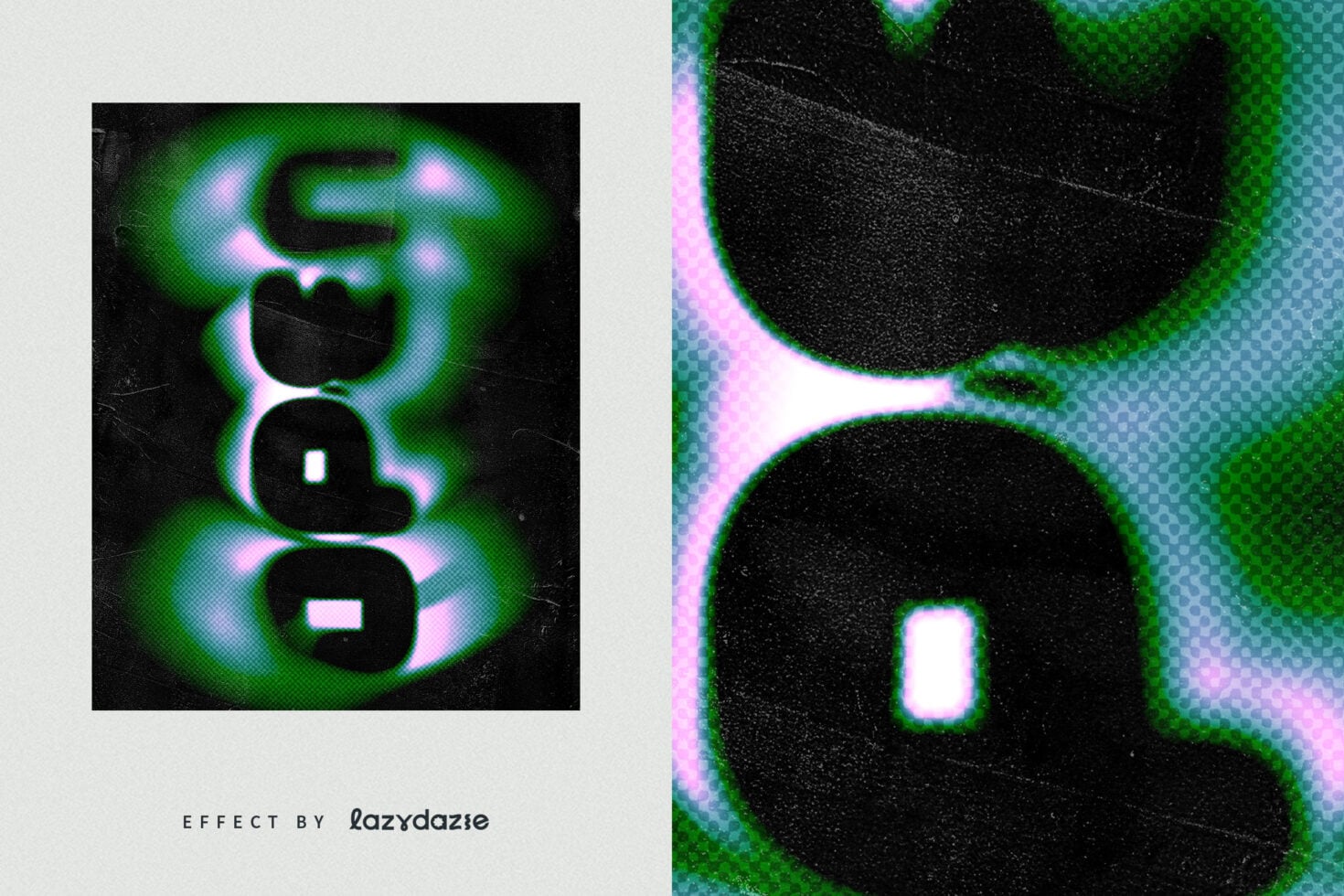 Number 3 with glitch neon glow effect, close up of circular shapes with pink green haloes