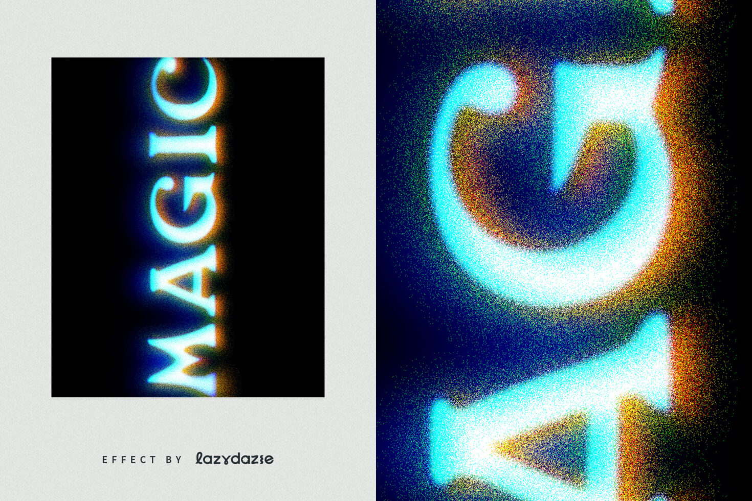 Cyan glitch text MAGIC with pink chromatic aberration effect on dark grainy backdrop