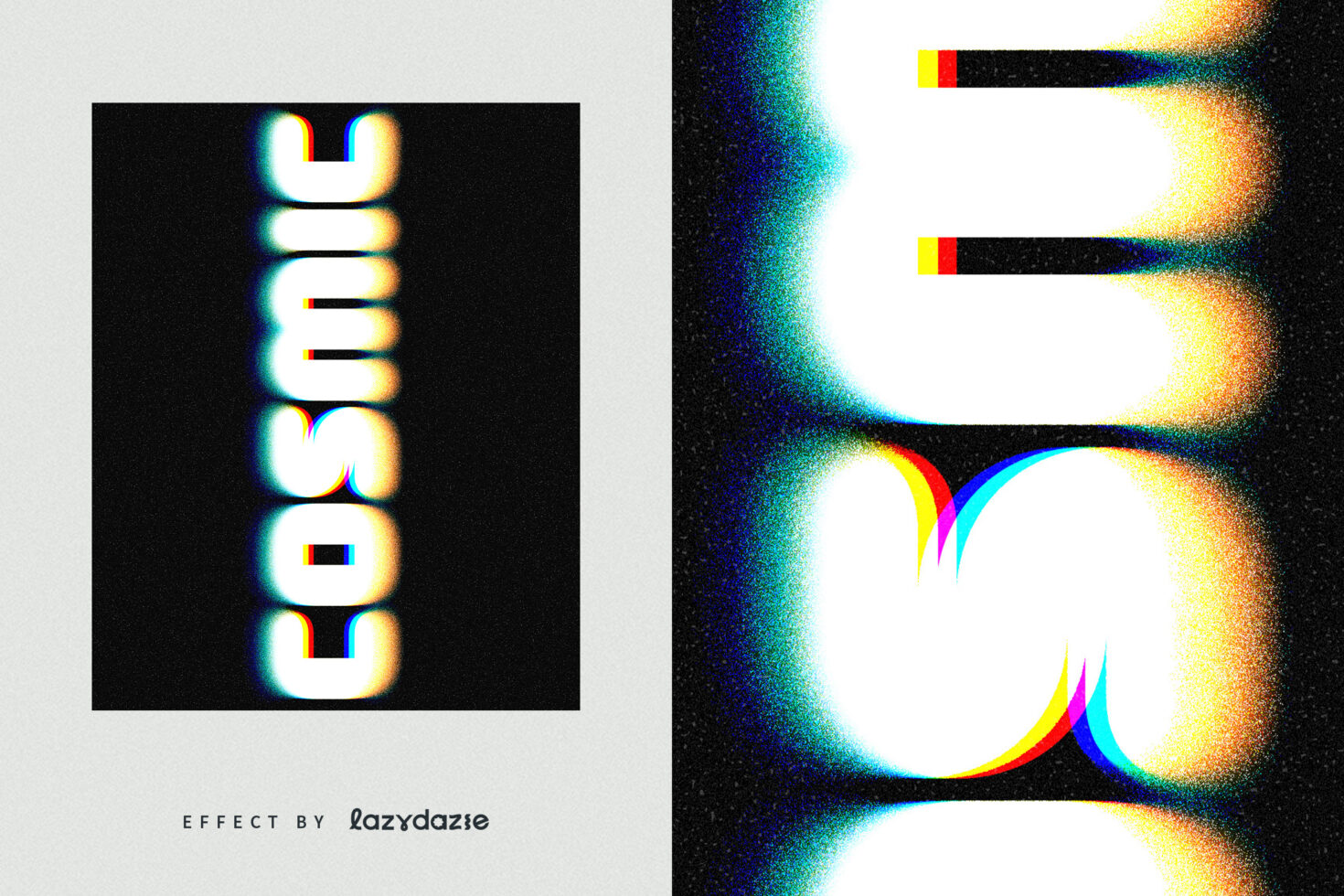 Chromatic aberration text effect showing COSMIC vertically with RGB split