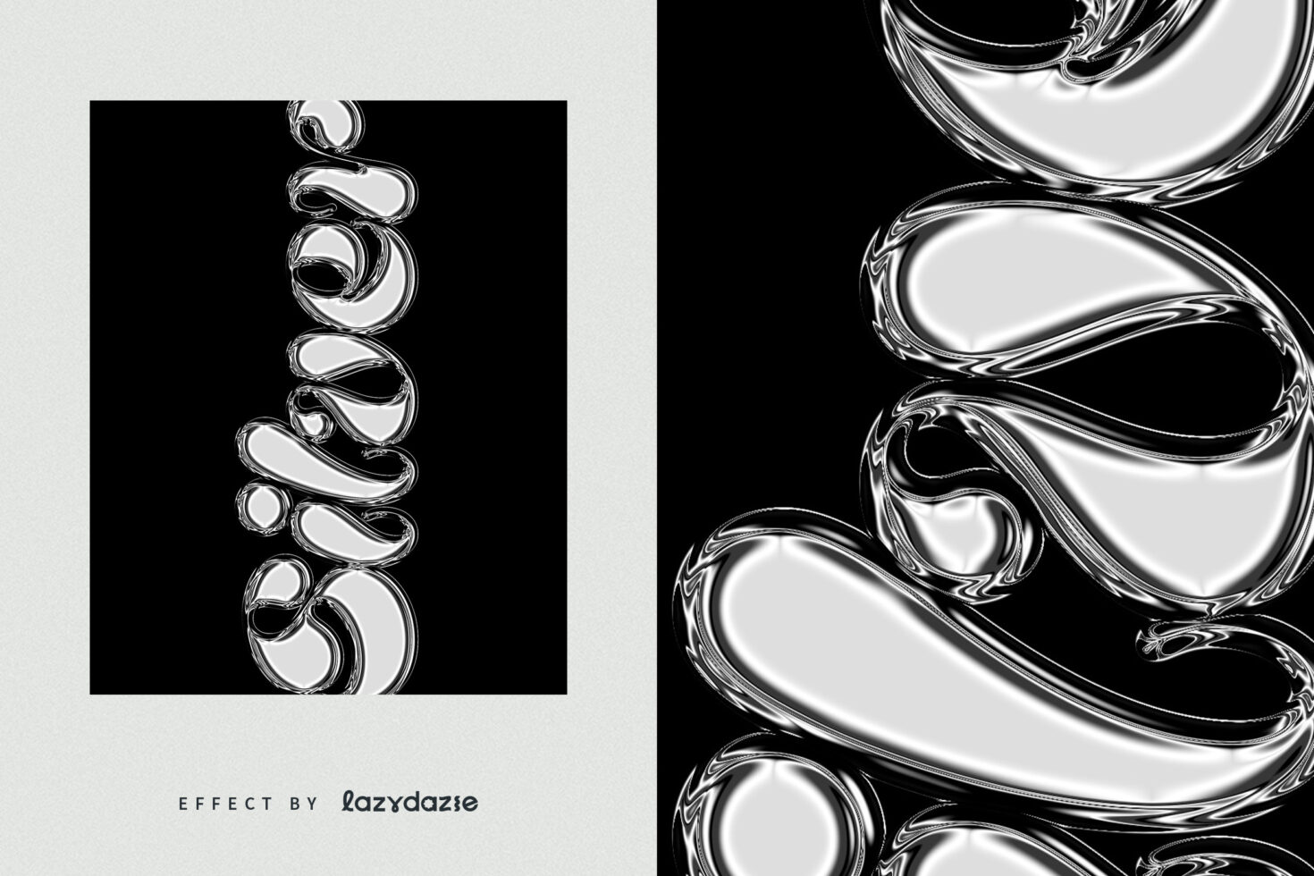 Liquid chrome text effect split showing outline left, metallic right