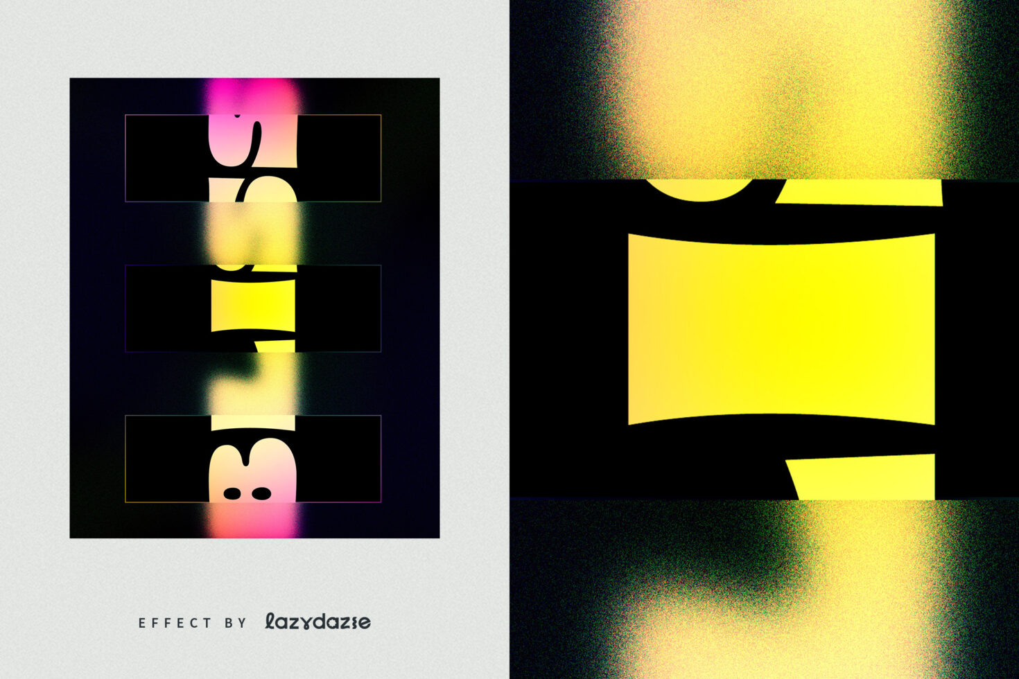 Glowing gradient text with color boxes on dark background, layered mockup