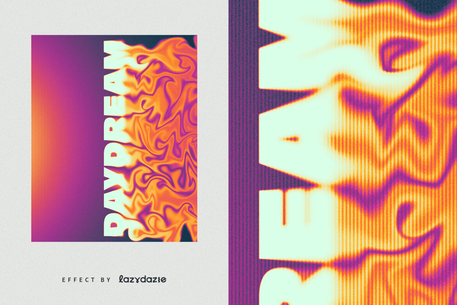 Colorful liquid distortion effect with DAYDREAM text in cream, orange, purple wavy patterns