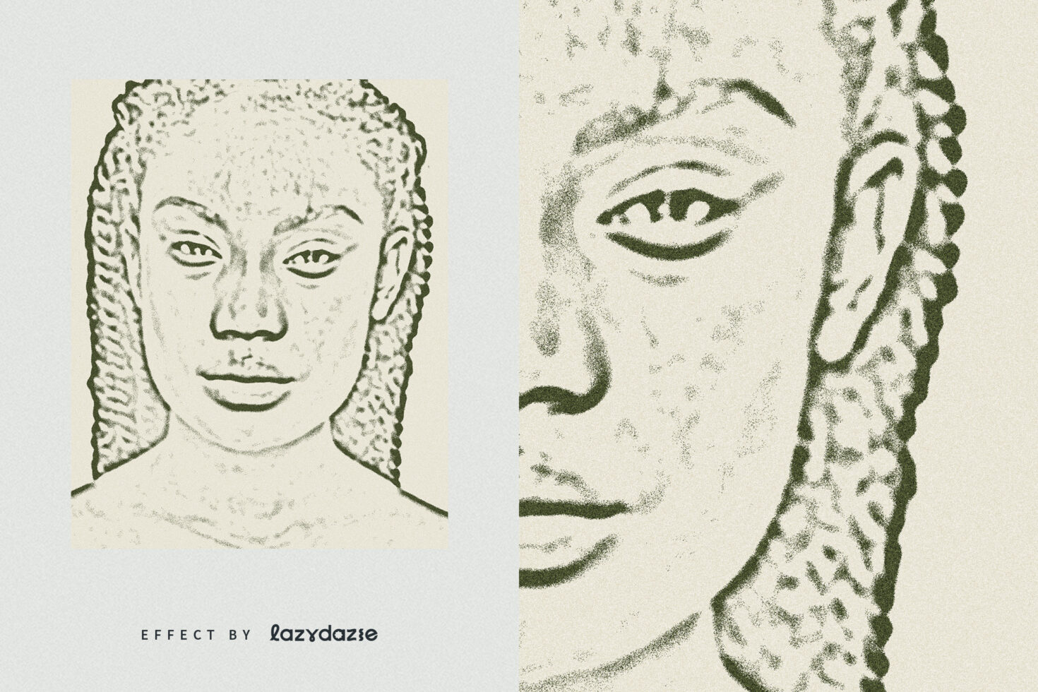 Green stippled line drawings of faces with dotted texture pattern