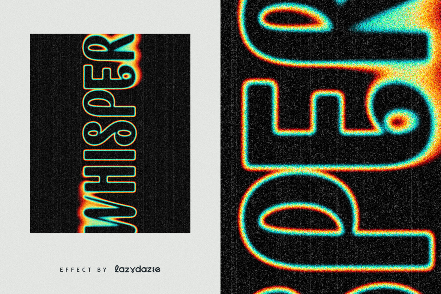 Whisper text effect split showing outline neon glow vertical left, large horizontal right