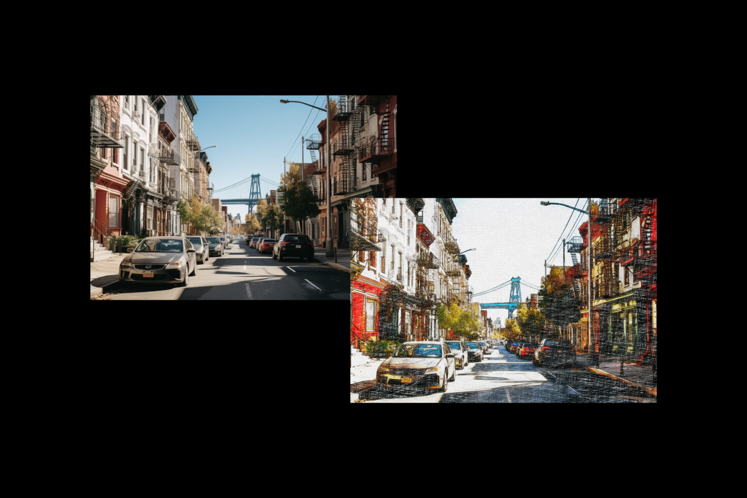 Two Brooklyn street scenes with cars, bridge visible, mixed color grading layouts