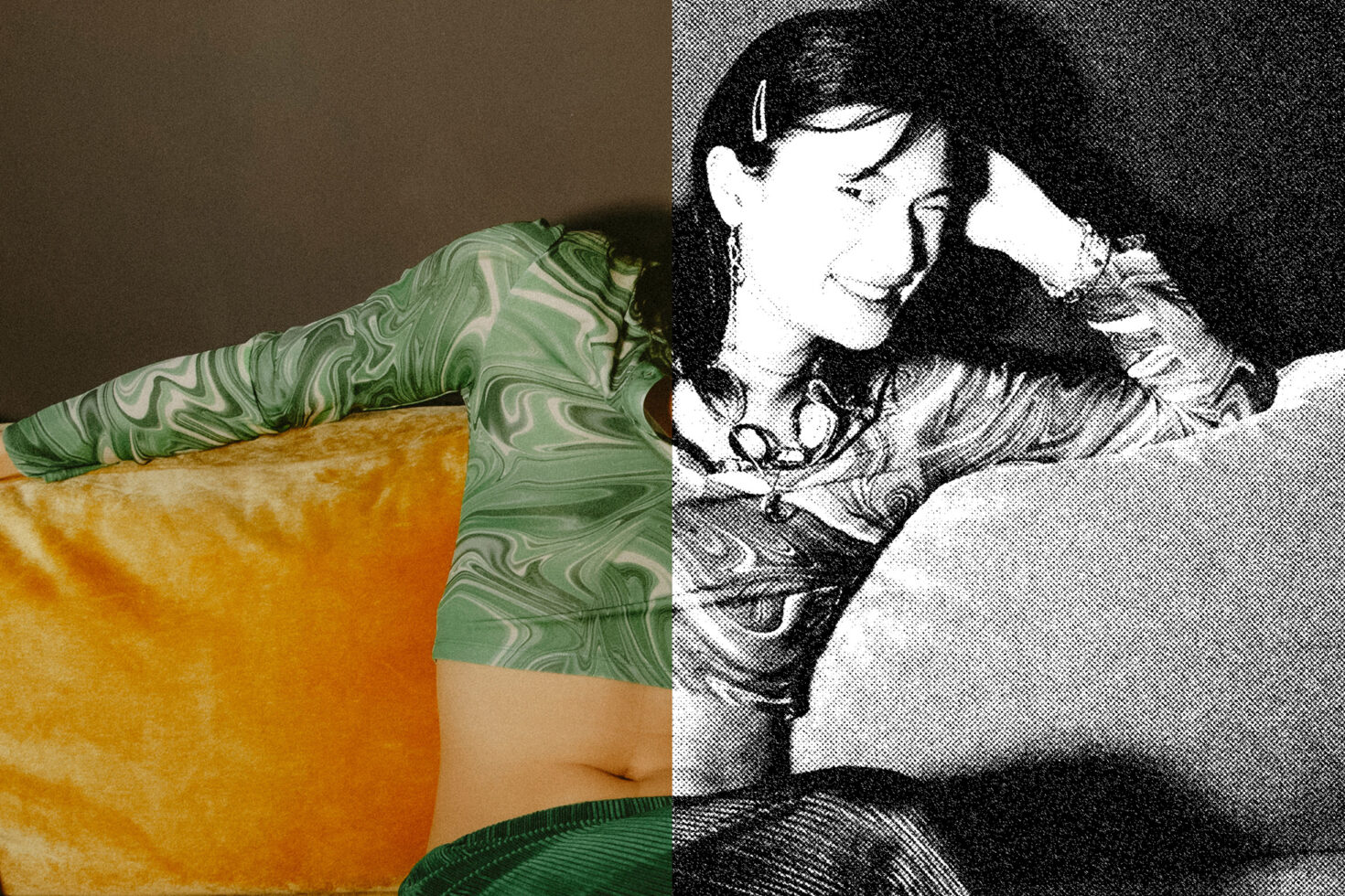 Collage mixing mustard velvet fabric, green marble textile, black white portrait, orange gradient