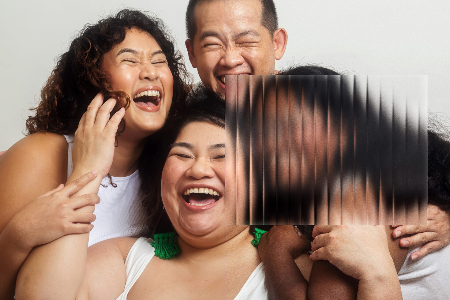 Three people hugging, right half covered with vertical scan line distortion pattern