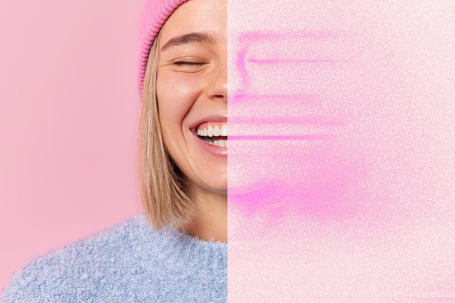 Woman's face with pink glitch effect obscuring half her smile against solid background