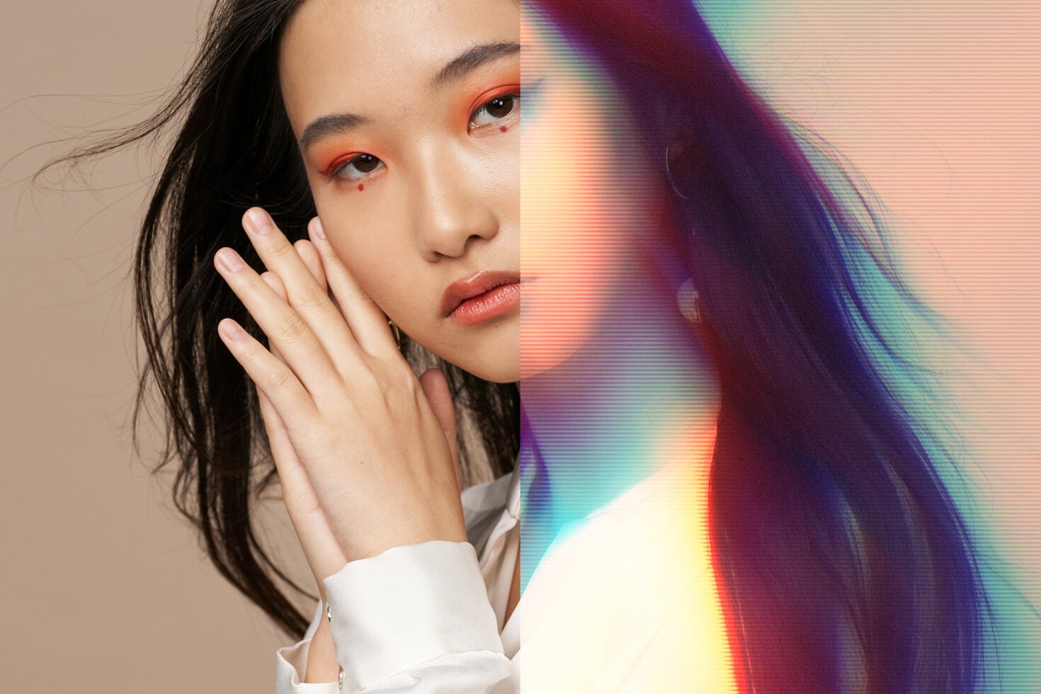 Portrait with rainbow gradient light leak across face from upper right