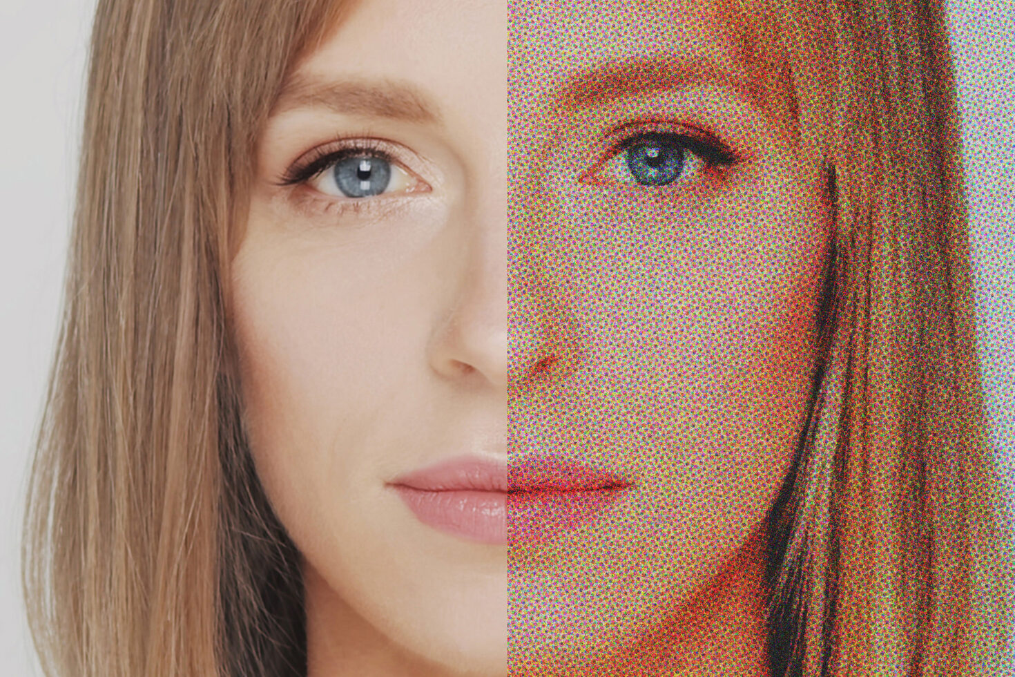 Portrait split half clean half glitchy RGB pixel effect
