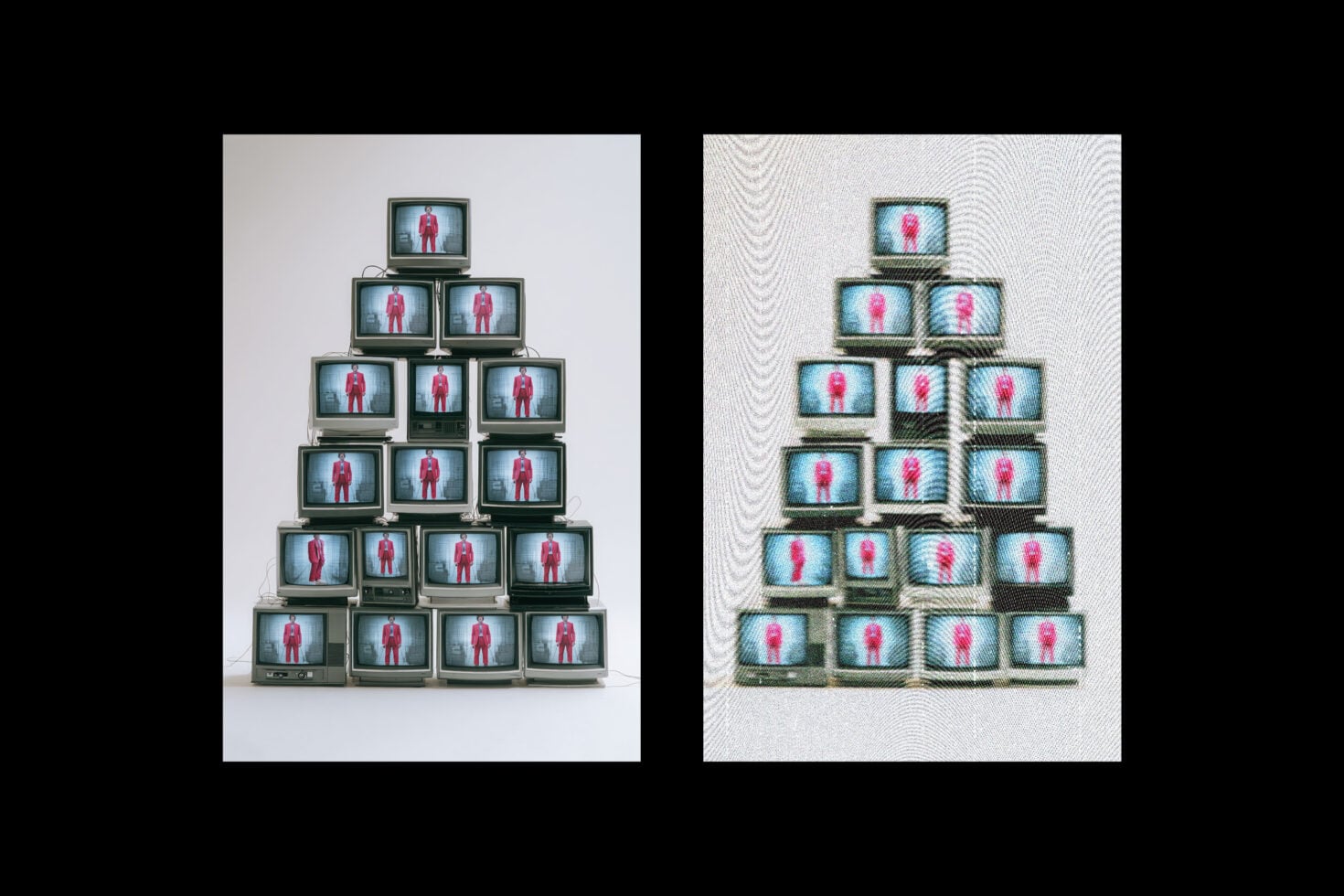 Stacked old TVs showing figures with wave pattern overlay comparison