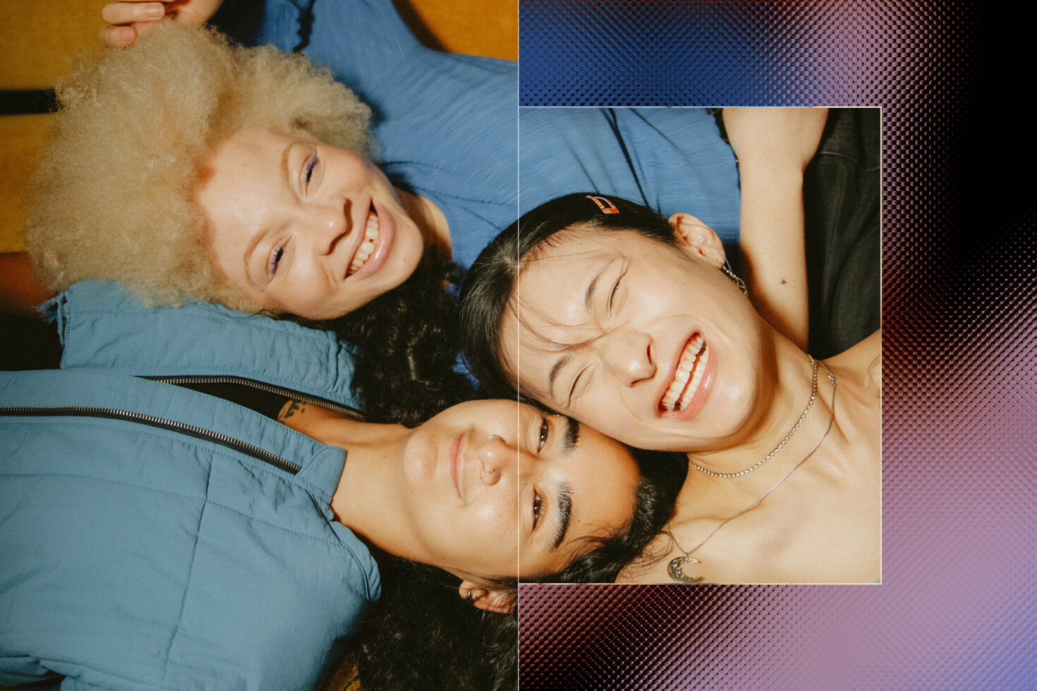 Split layout of group photo with textured gradient overlay in blue to purple tones