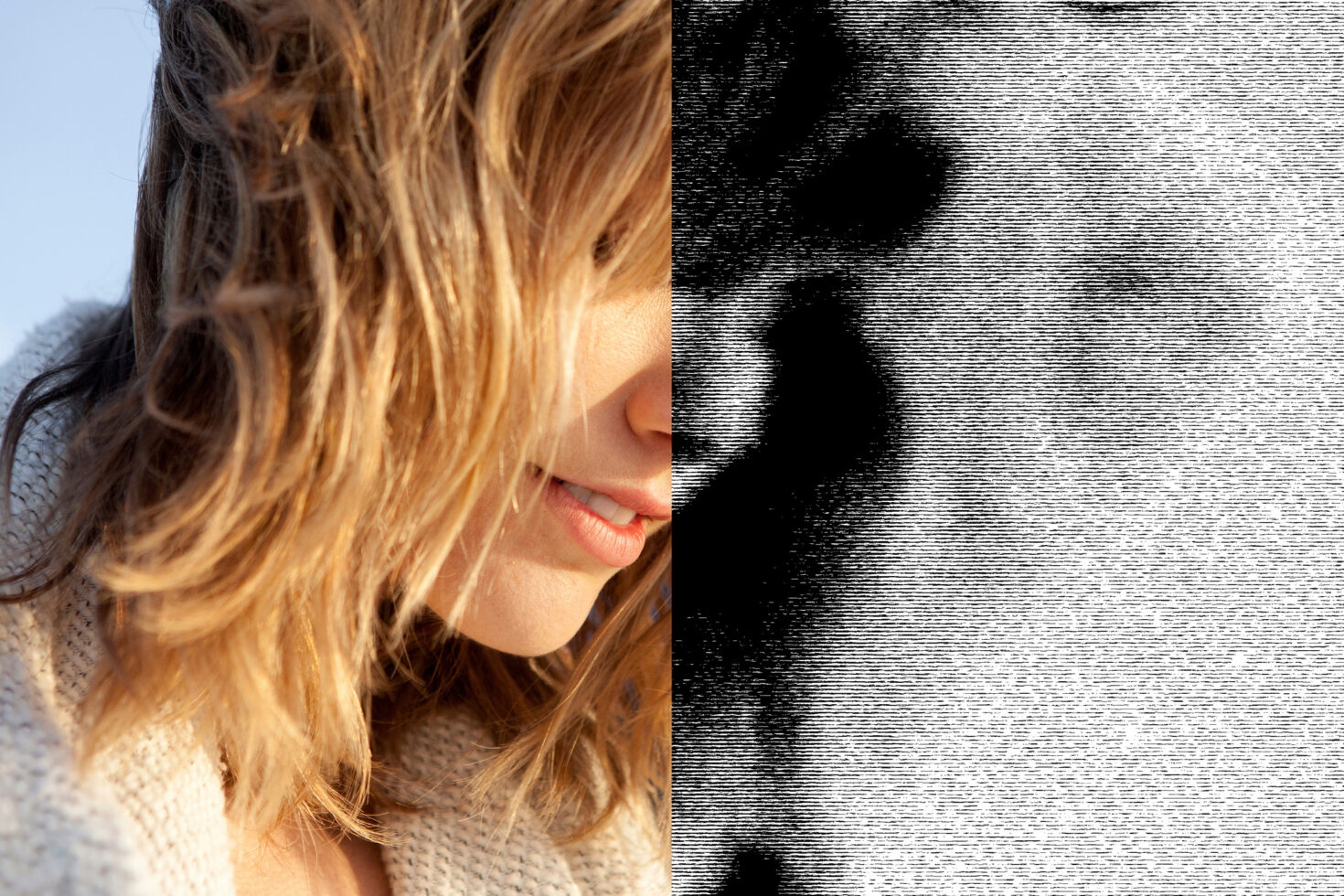 Side profile split between clean photo left, grainy scanline texture right