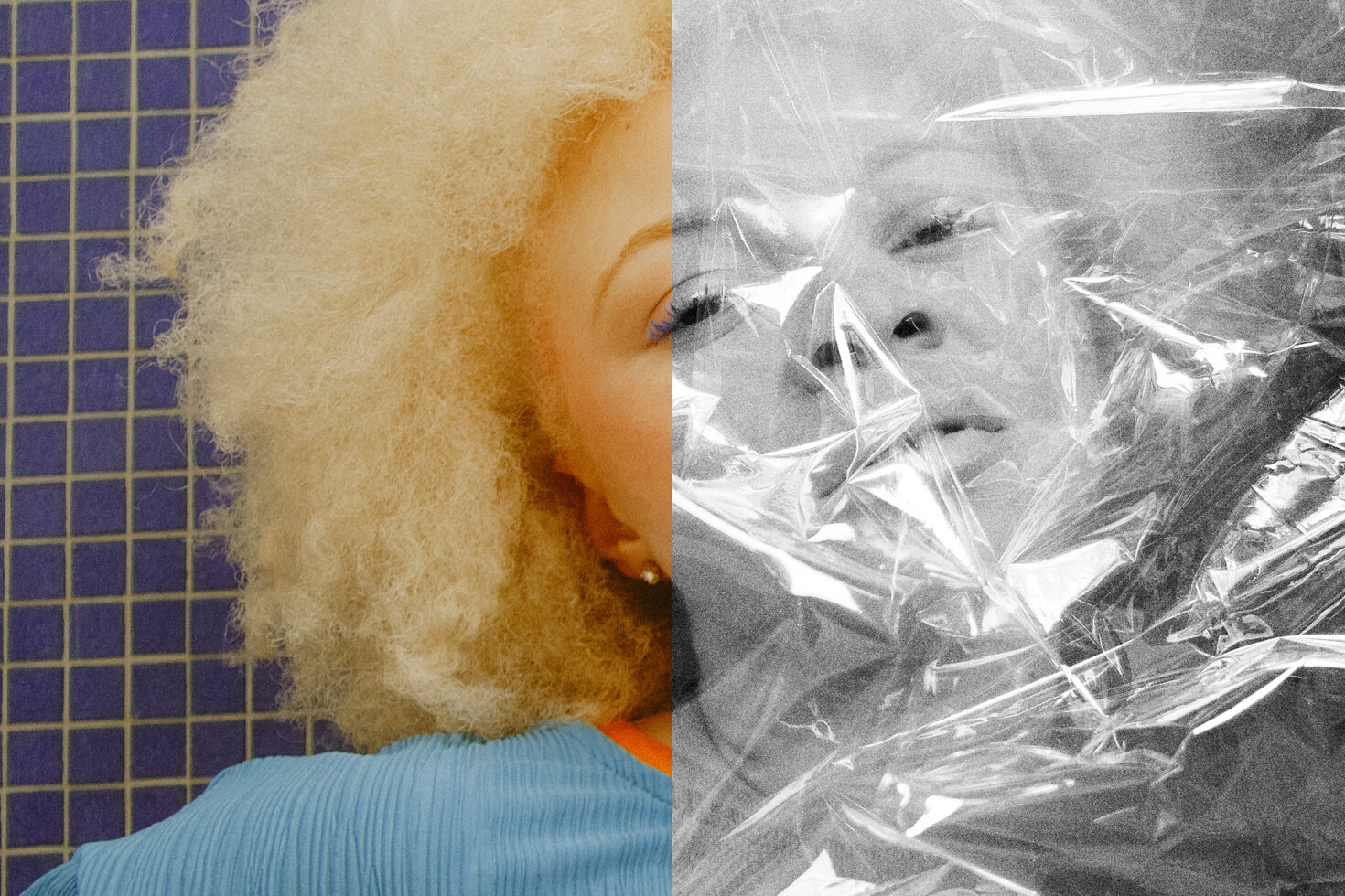 Split screen portrait with plastic wrap effect, blonde hair on left, grayscale right side