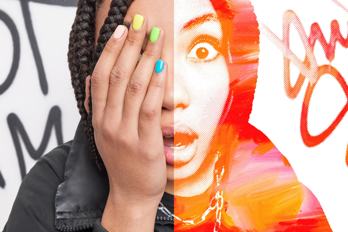 Side by side before after with halftone dot pattern orange red effect applied