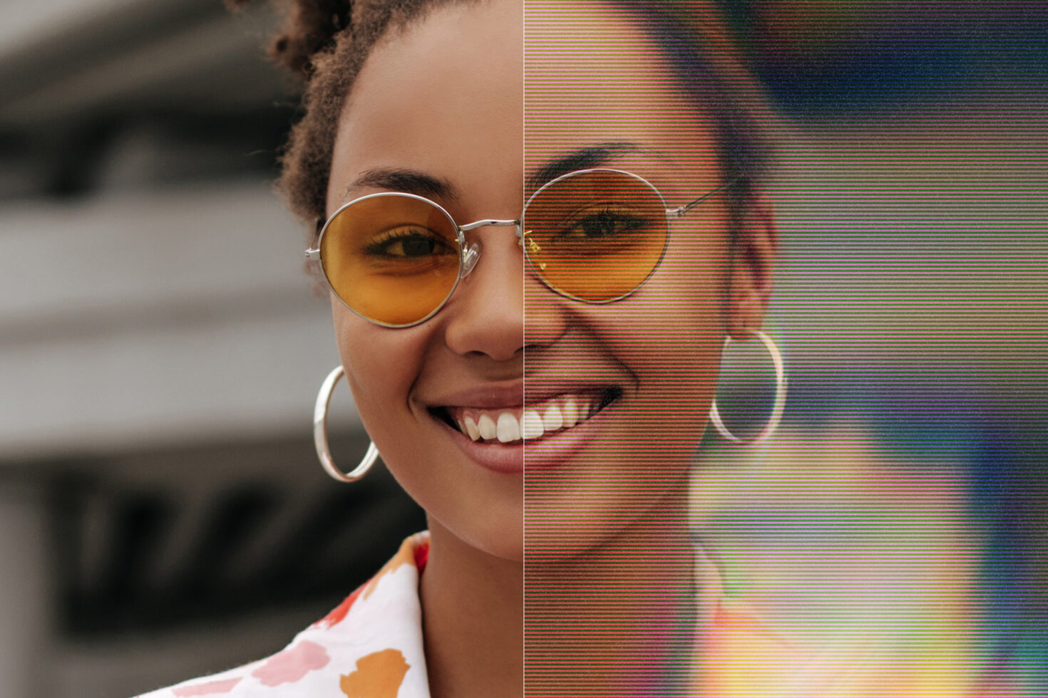 Split portrait showing clean side next to RGB scanline glitch effect