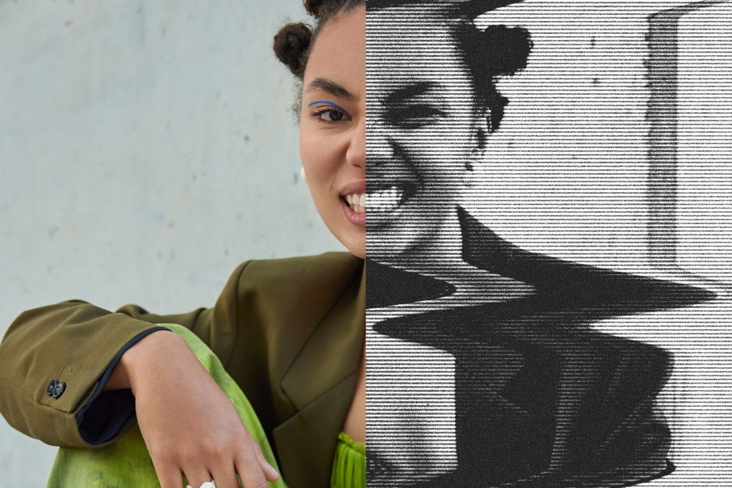 Woman in olive jacket with half her face pixelated into horizontal scan lines
