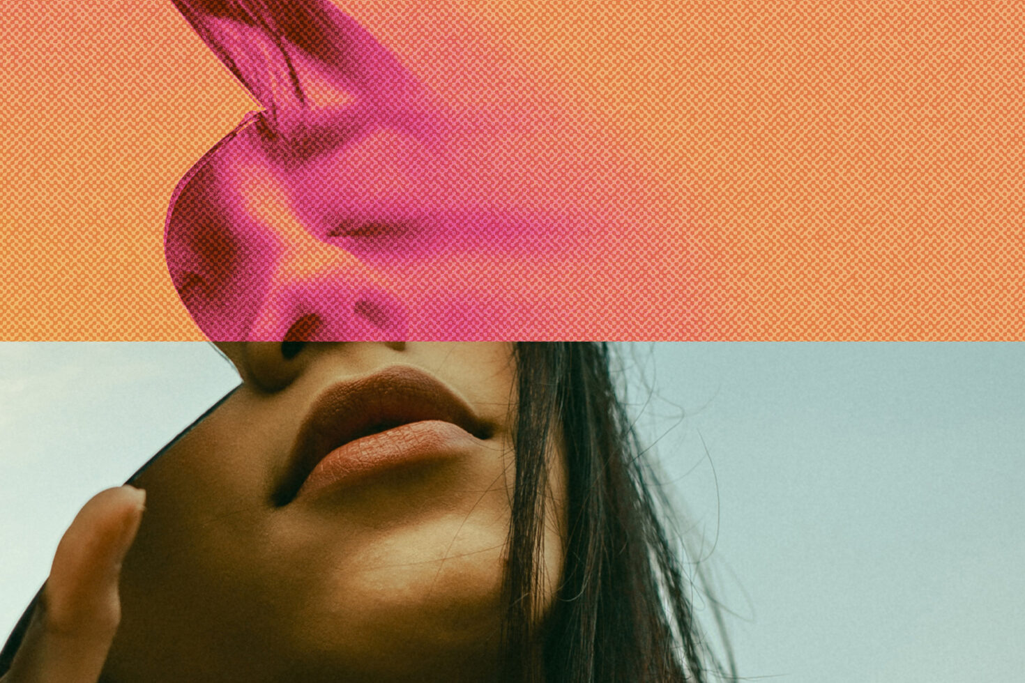 Woman's face with magenta pixelated bar across eyes, peach background below