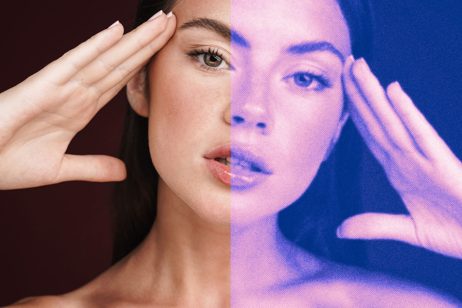 Woman's face split with neon pink, blue halftone overlay effect