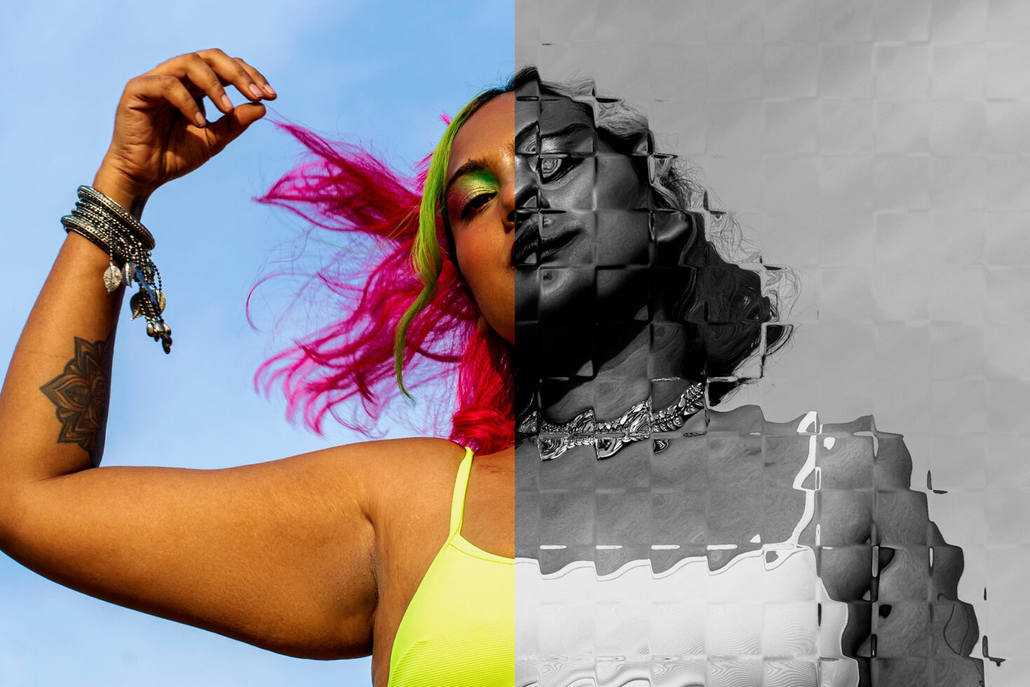 Colorful portrait with pixelated black white side showing geometric fragments