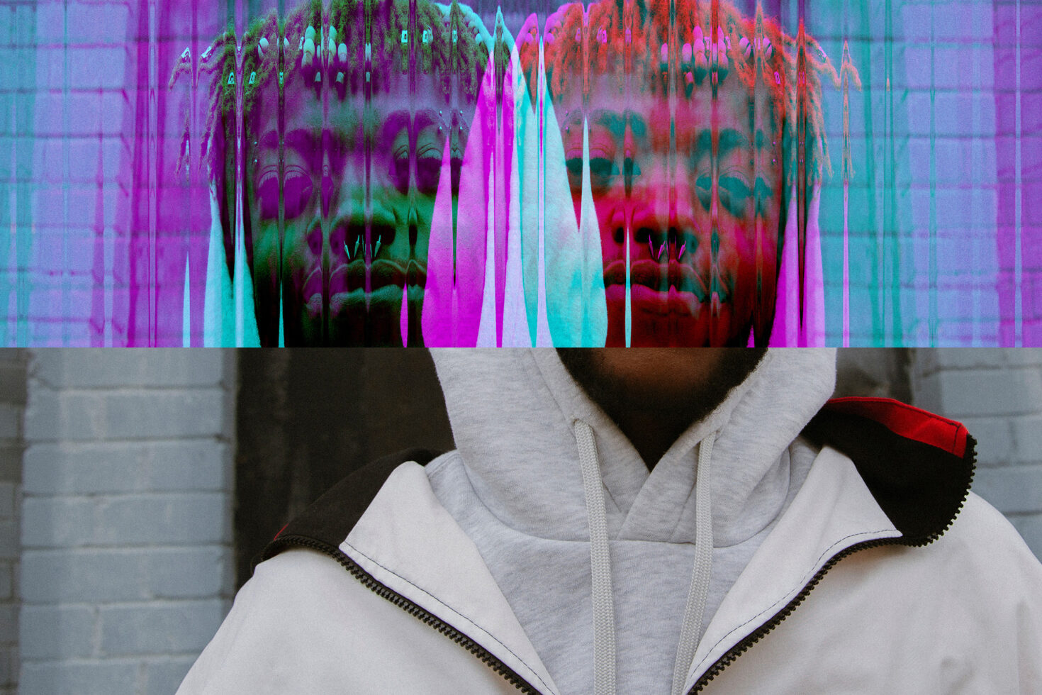 Figure in white hoodie with neon glitch effect covering face bright magenta cyan