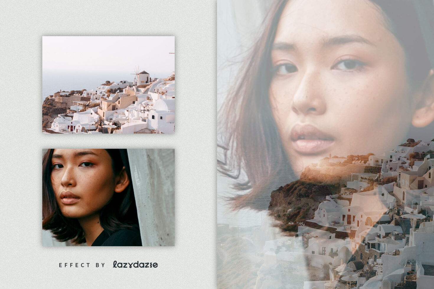 Double exposure effect blending woman's portrait with white building architecture