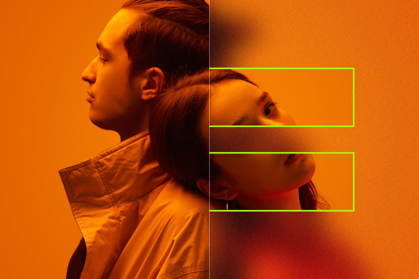 Profile duo on orange split with neon horizontal frame bars