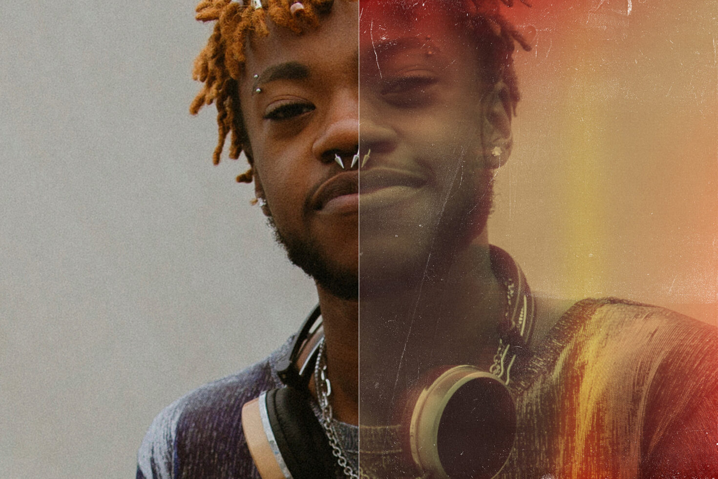 Double exposure portrait of man with dreadlocks blended into warm golden tones