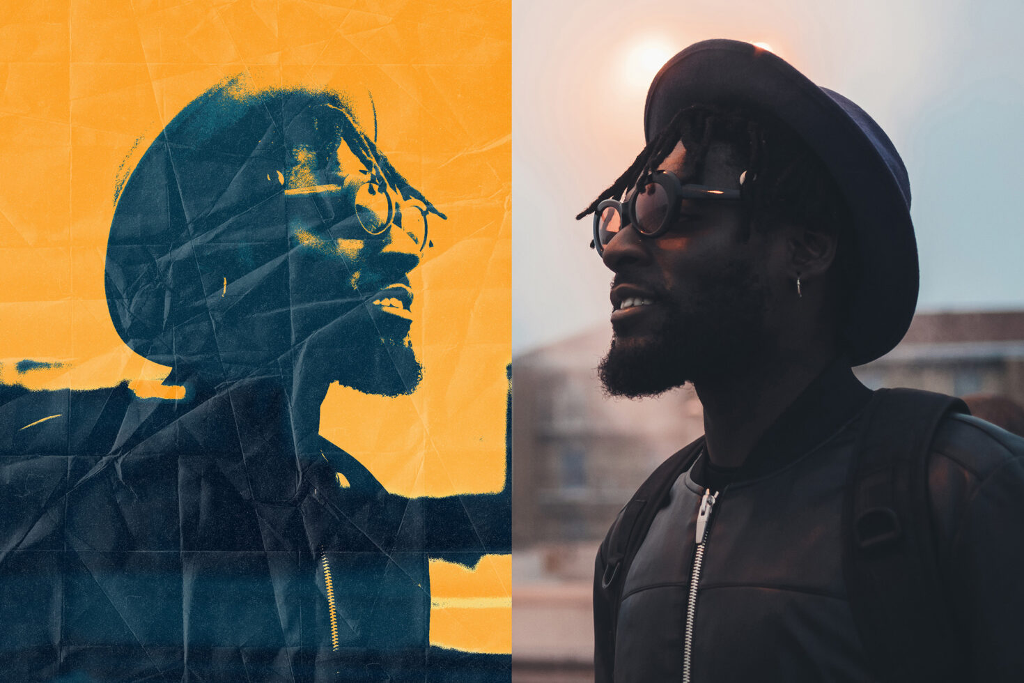 Split screen portrait with duotone effect showing person in sunglasses, yellow on left blue on right