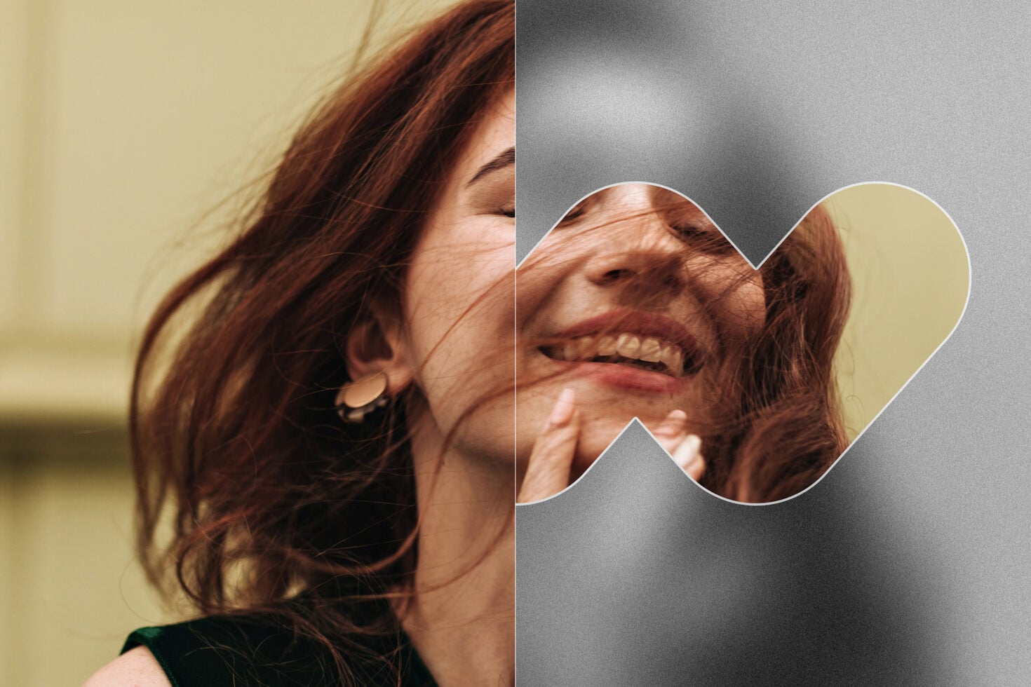 Woman laughing split between warm tones on left with heart-shaped wavy cutout on right