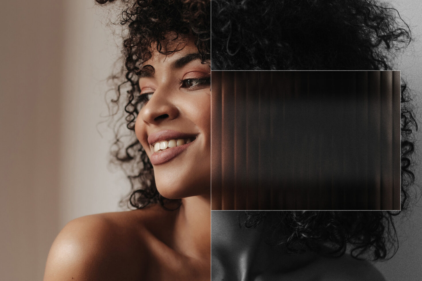 Split portrait with vertical lines distortion effect on right side half
