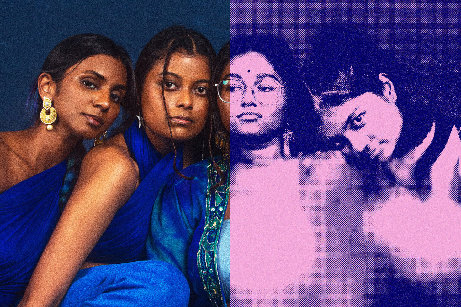Four people split between real blue photo, pixelated pink halftone version