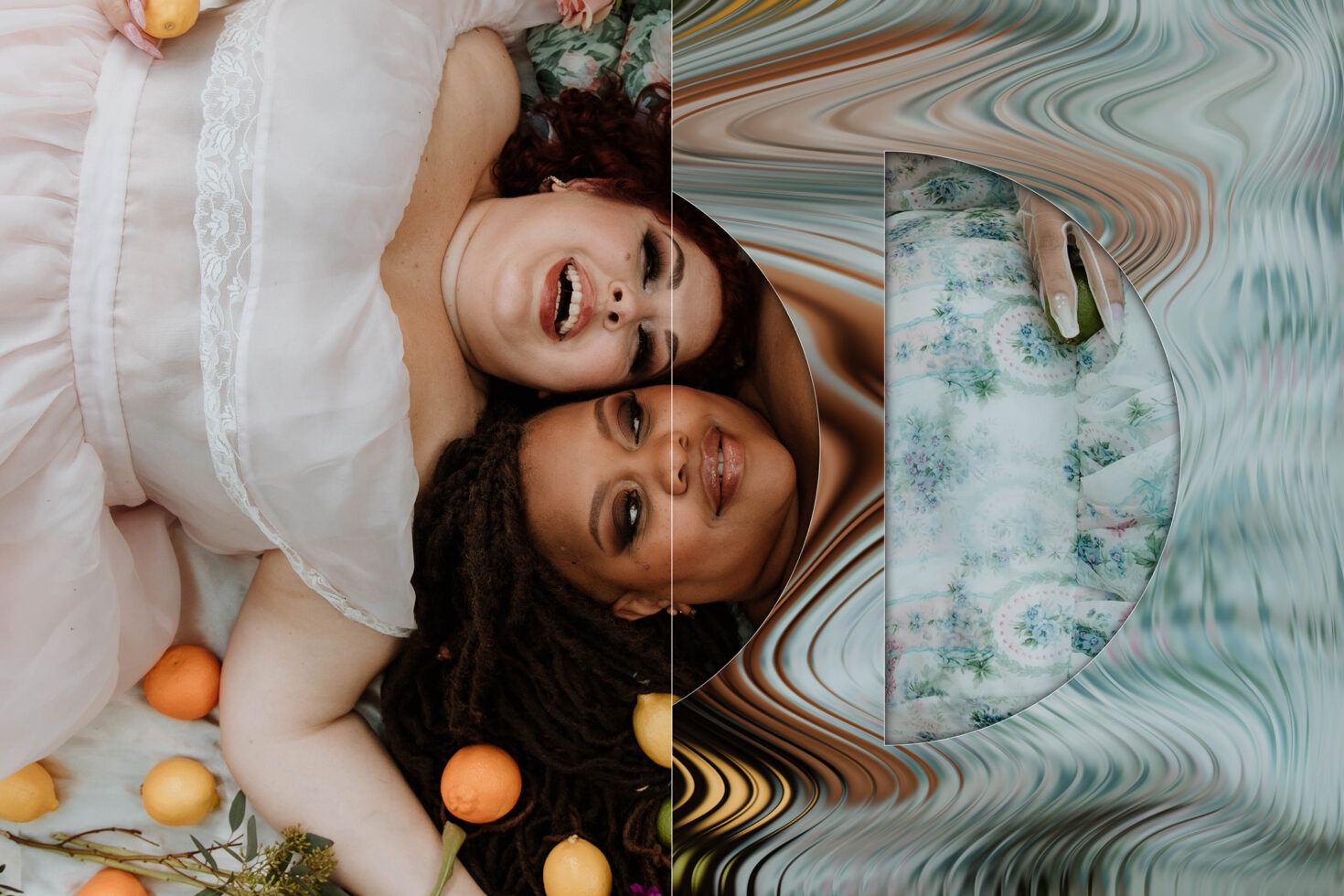 Two people lying down shot with liquid wave distortion swirl effect applied