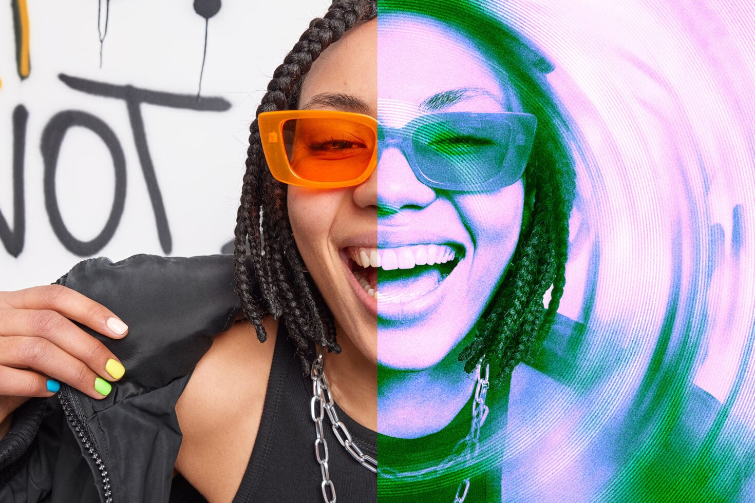 Person smiling wearing sunglasses with cyan magenta green glitch distortion effect