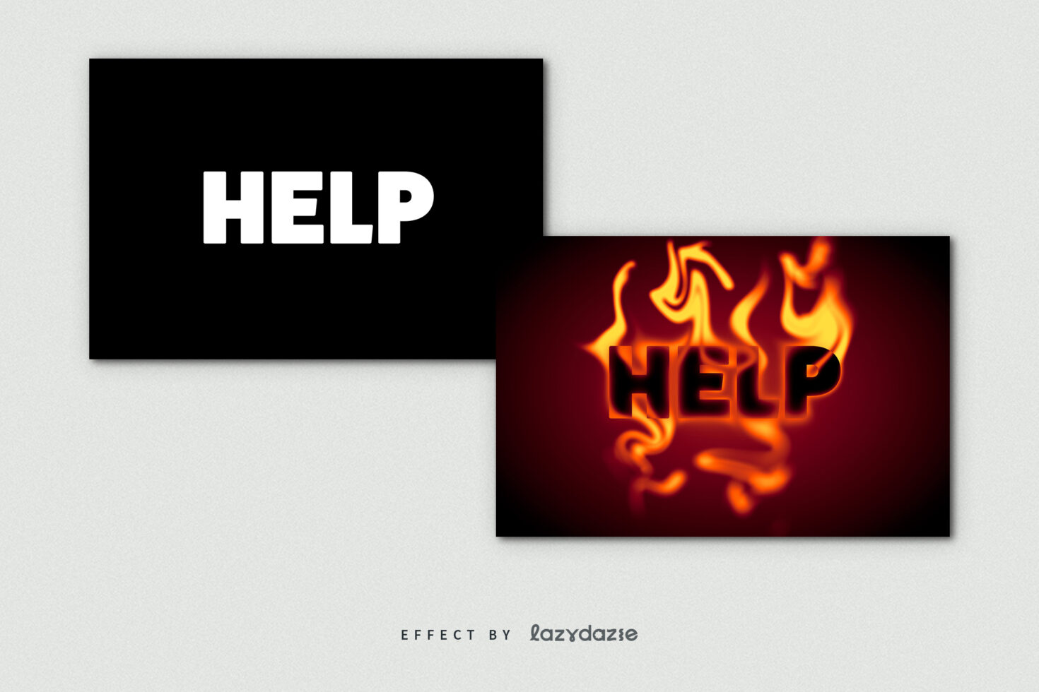 Help word in bold white left, flaming orange version right overlapping