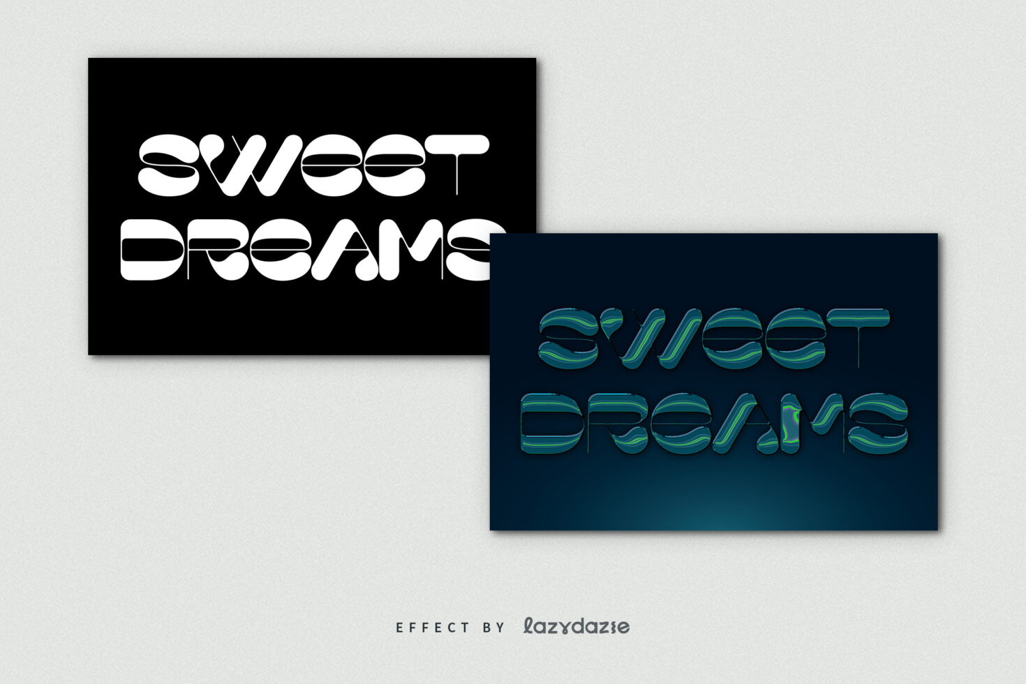 Two overlapping mockups showing striped neon text on dark blue surface