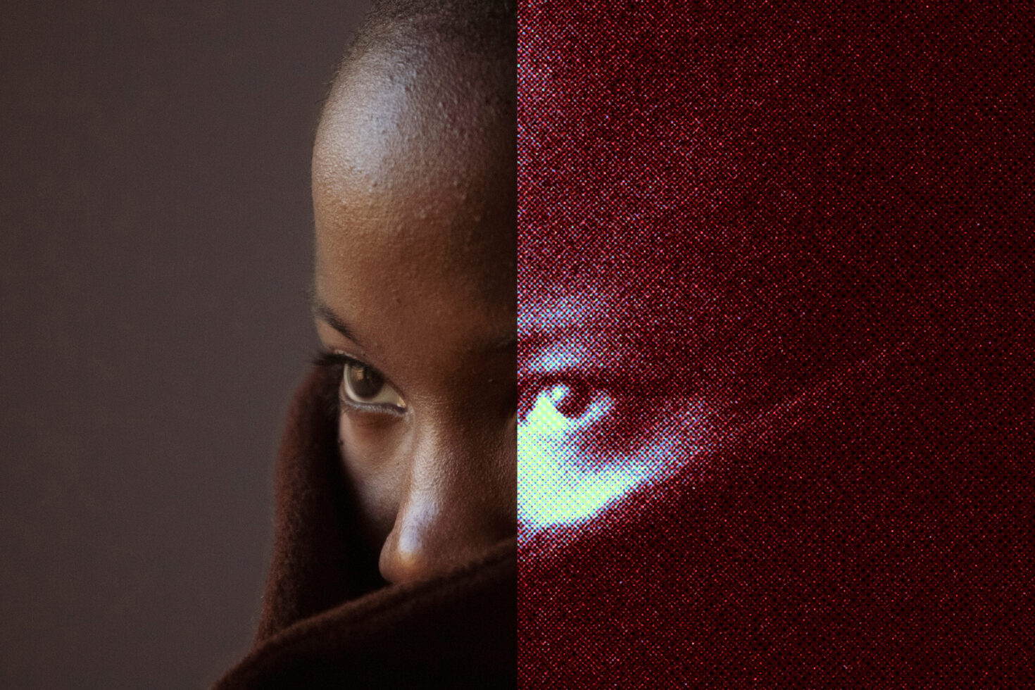 Split reality showing smooth face half pixelated red digital corruption