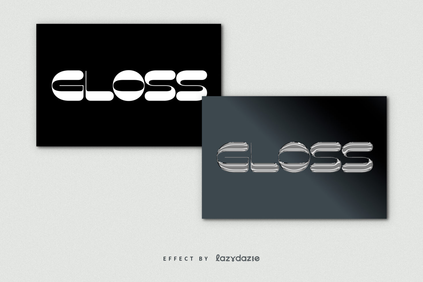 Two card mockup showing outlined letter solid black, metallic striped version