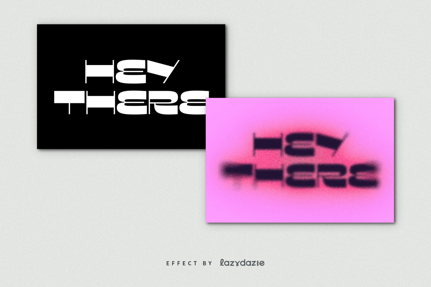 Two stacked text blocks with sharp on left, dissolving grain blur on pink right