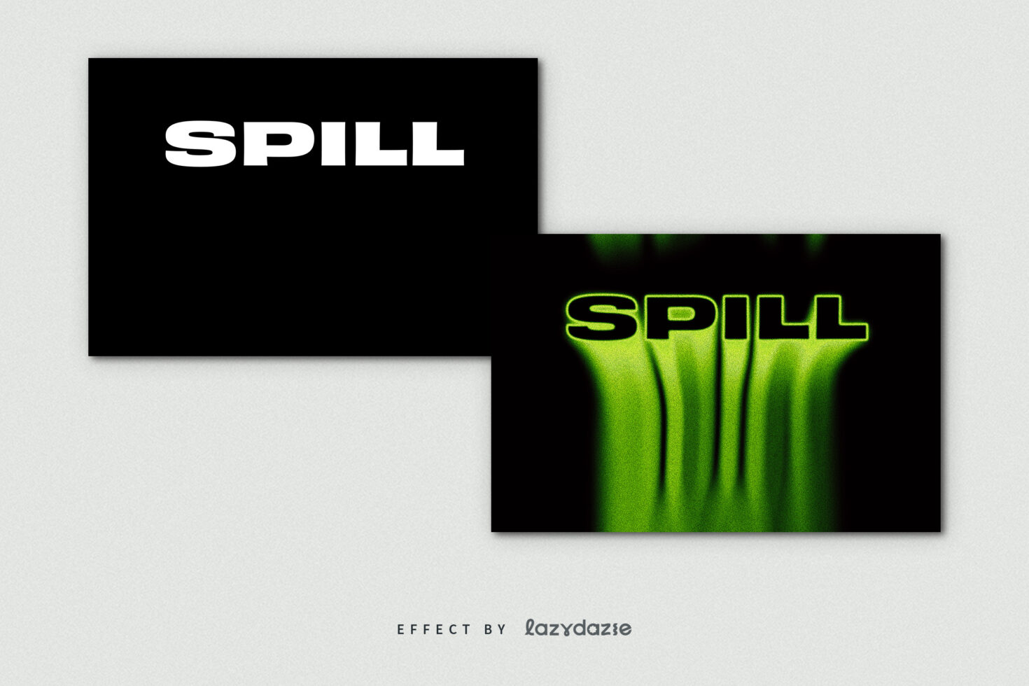 SPILL text in white on black, SPILL in neon green with motion blur on dark background