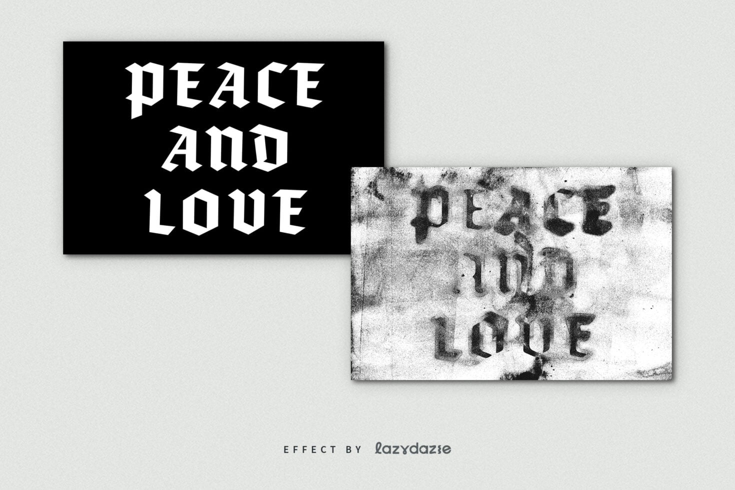 Two overlapping cards showing PEACE LOVE in white on black, mirrored text with grainy texture