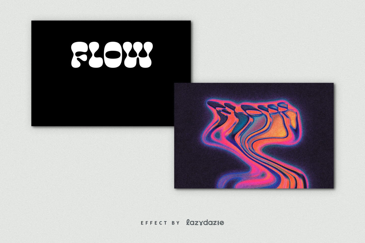 Two overlapping screens showing geometric neon shapes in pink orange blue