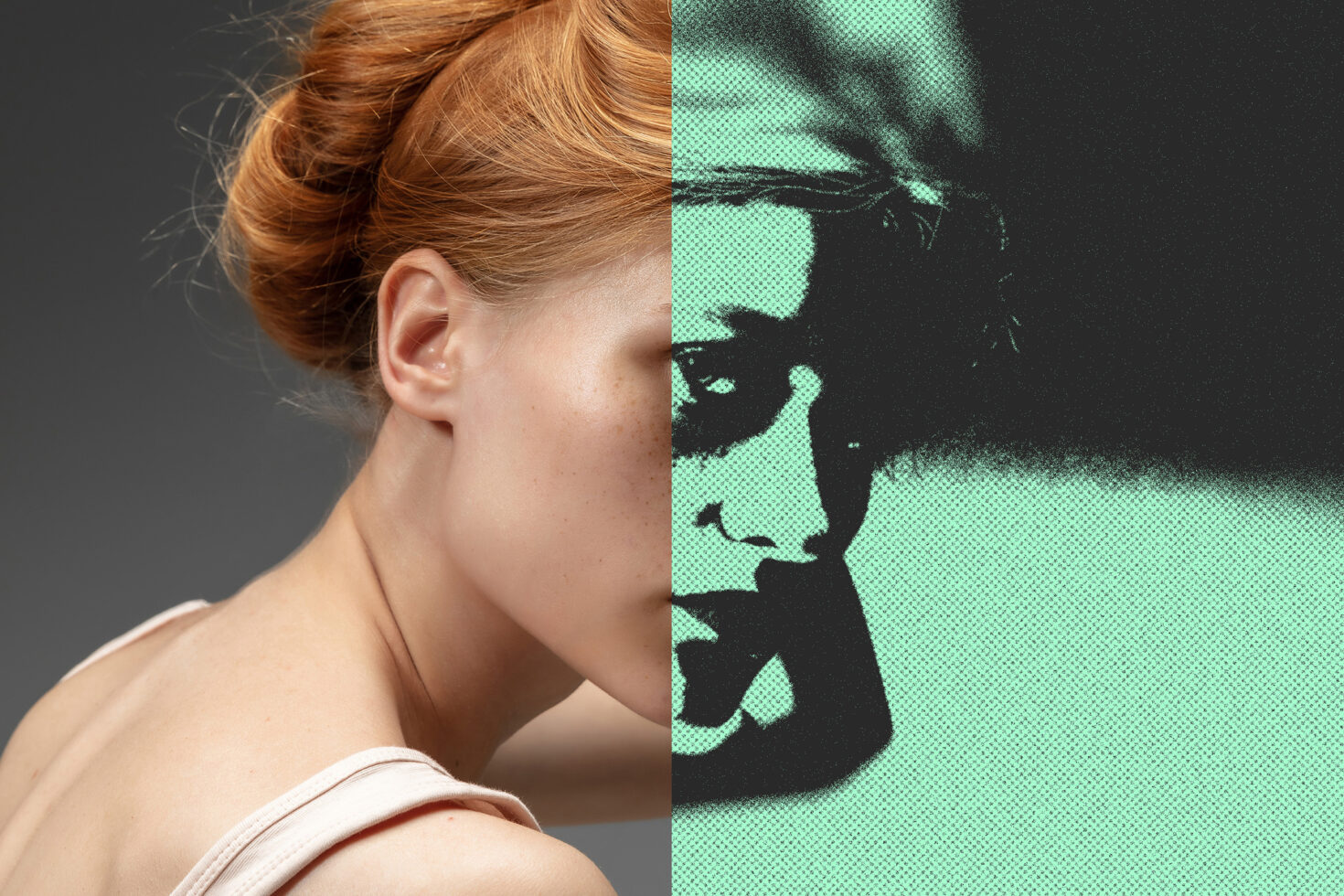 Split portrait showing redhead profile on left, pixelated mint silhouette on right with halftone texture