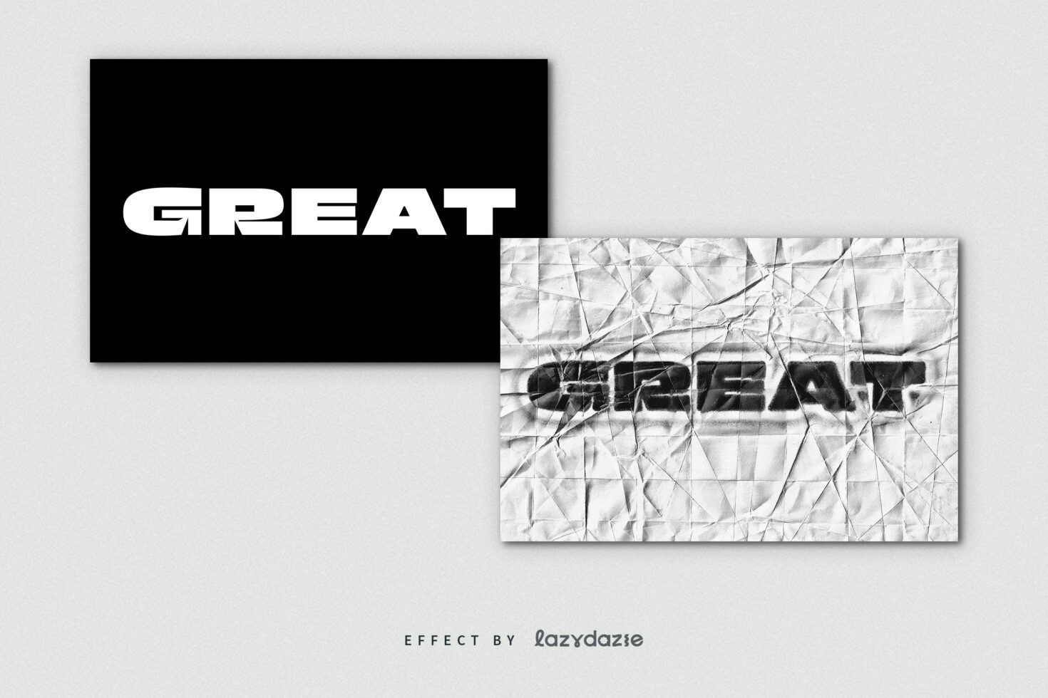 Black card with great text next to wrinkled paper texture with scrambled letters